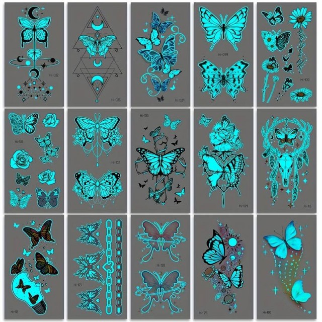 Komplet 15 tatu nalepk z metulji (svetijo v temi) 